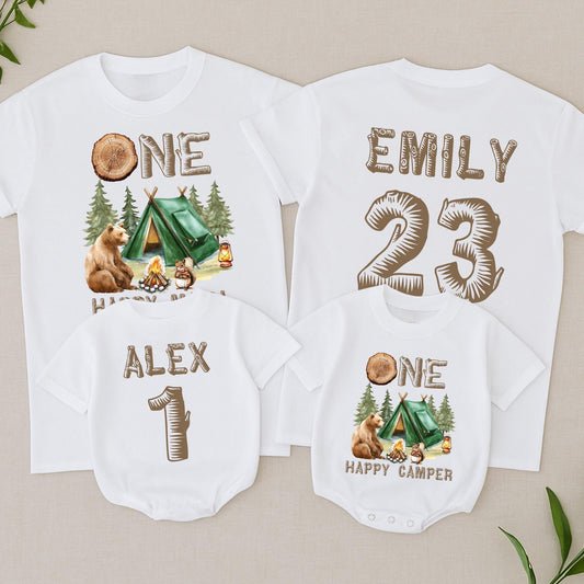 Personalized ONE Happy Camper First Birthday Family Camping T-Shirts rustic earthy tones bear squirrel pine tree design for boy mama dada