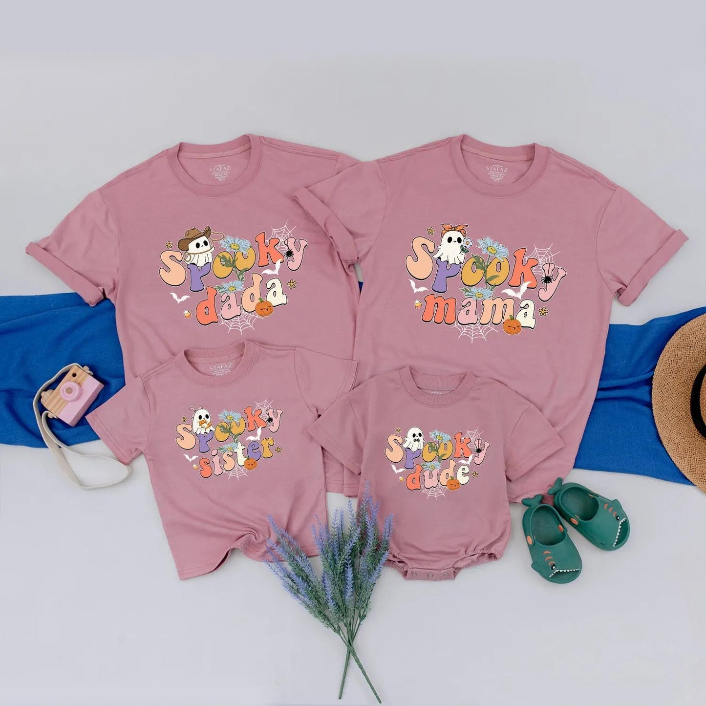 Spooky "Dude" Halloween Family Matching Shirts Cute Ghost Bat Floral Pumpkin Retro Pastel Bright Fun Kid-Friendly Outfit Gift