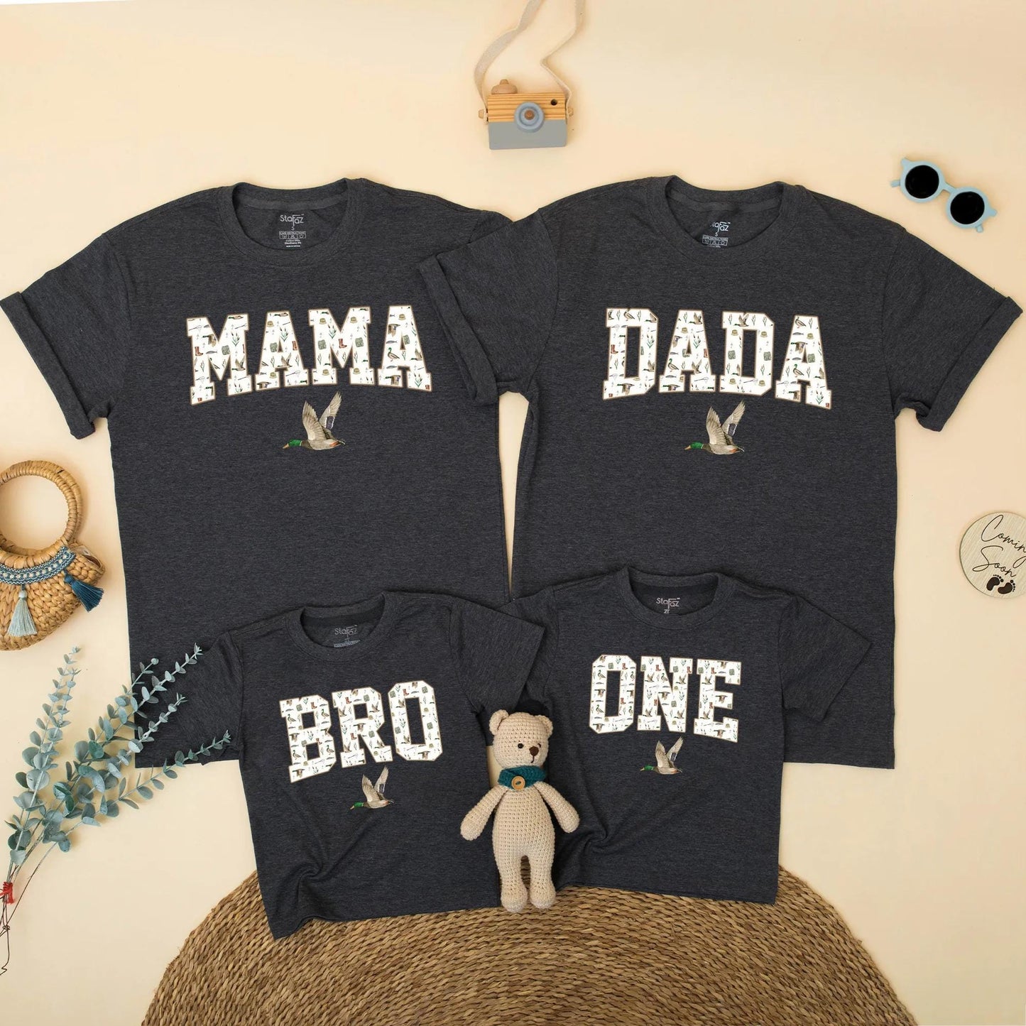 Custom Duck Hunting Family Matching Shirts Mallard Outfit Mom Dad Bro First Birthday Boy Party Clothes Playful Outdoor Design