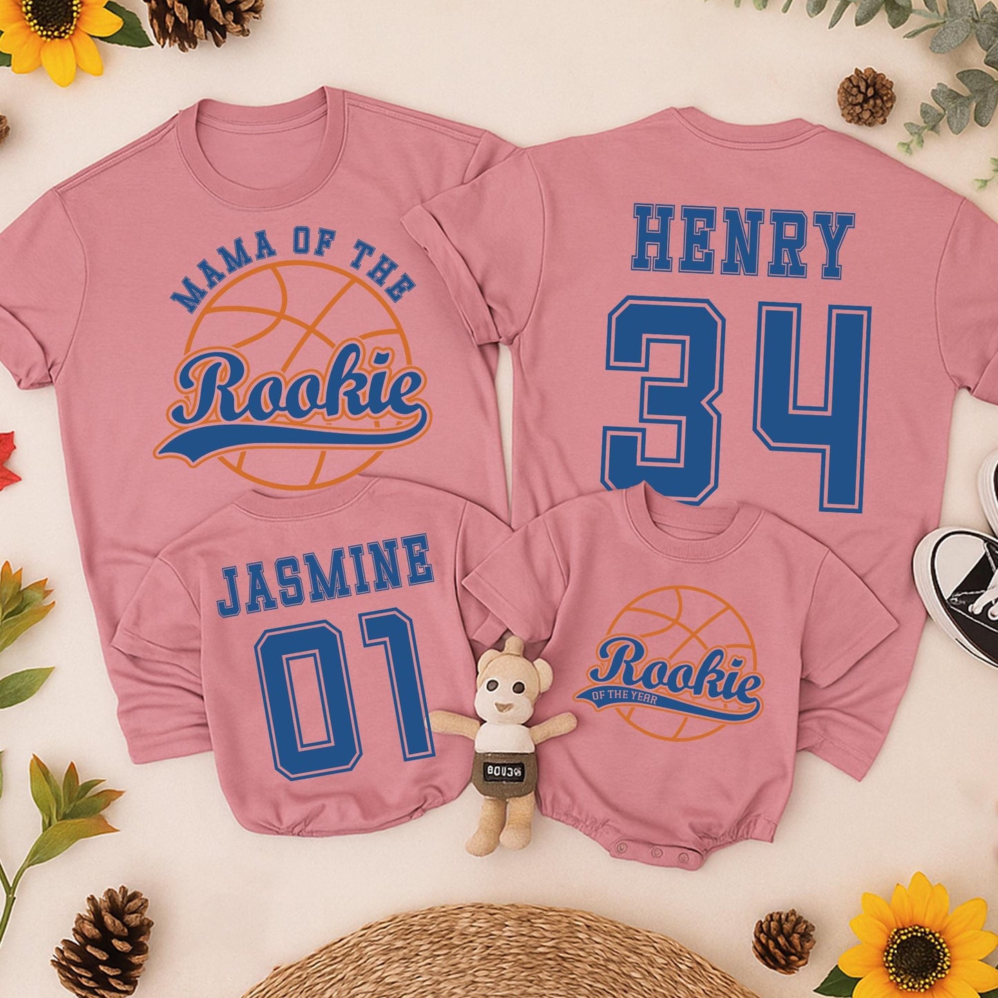 Basketball Rookie of the Year Birthday Shirt Family Matching Baby Boy First Bday Orange Blue Retro Jersey Tee