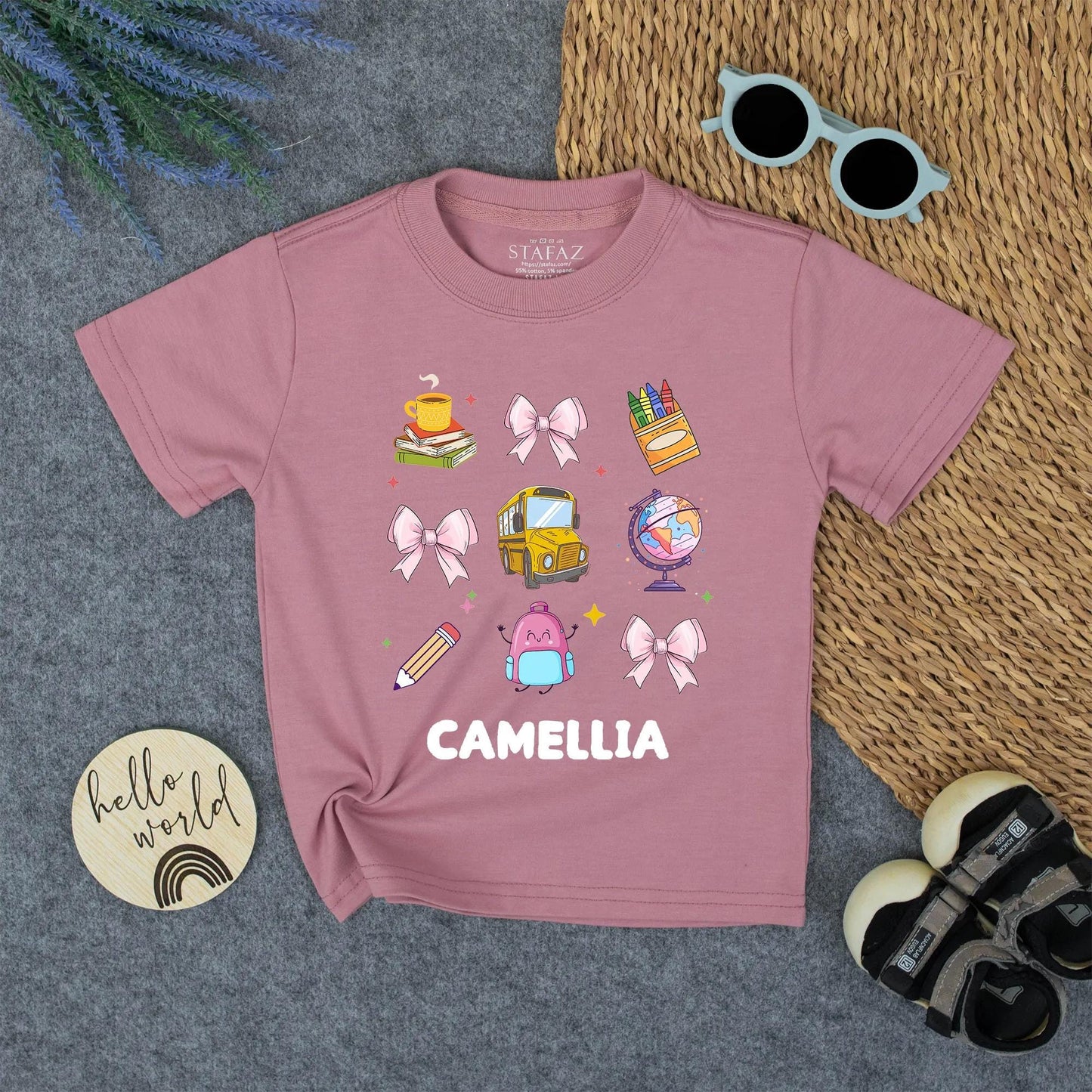 Cute Back To School Personalized Girl Shirt with Books, Bows & Bus | First Day of School Tee