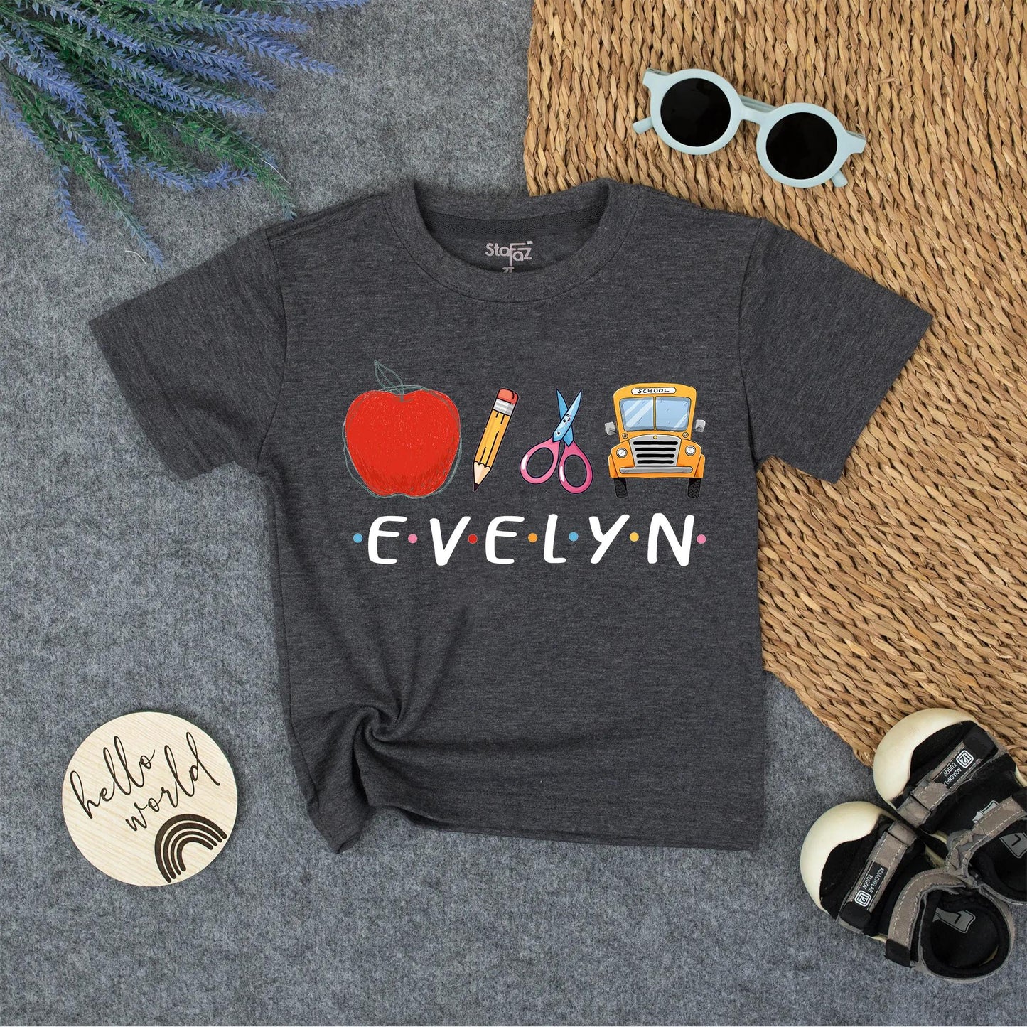 Custom Name Kids Back To School Shirt for Boys Girls, Cute Toddler First Day Kindergarten Outfit with Apple Bus Pencil Polka Dot Design.
