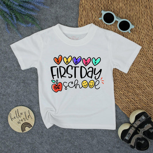 Happy First Day of School Shirt for Toddlers & Youth with Colorful Hearts & Apple Design - Great School Gift
