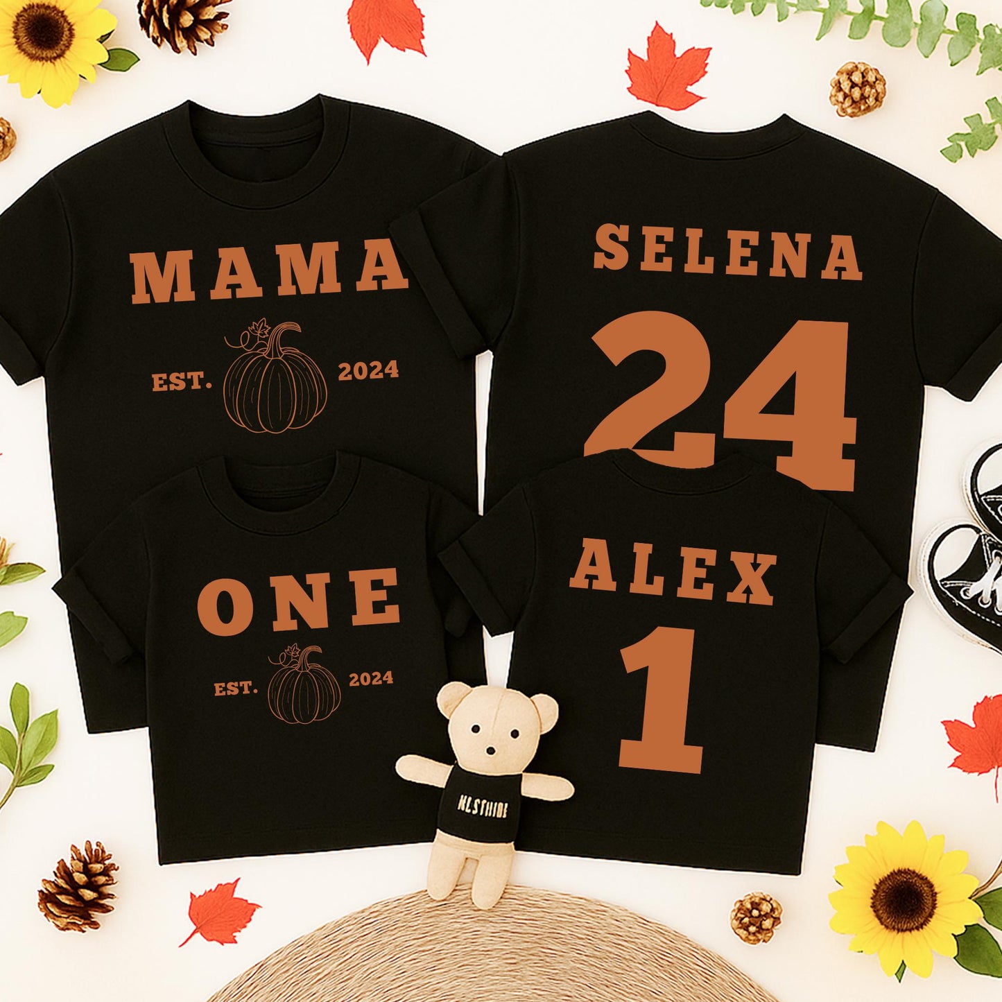 Matching Family Pumpkin Birthday Shirts, Our Little Pumpkin is One, Custom Name, Est. 2024 Orange Graphic Tees, Fall Thanksgiving First Birthday Outfit (138 chars)