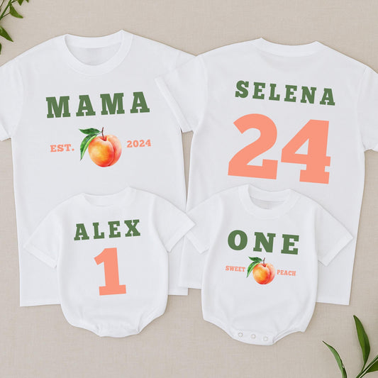One Sweet Peach Matching Family Birthday Shirts Mommy And Me Tees 1st Birthday Outfit with Custom Names and EST. 2024