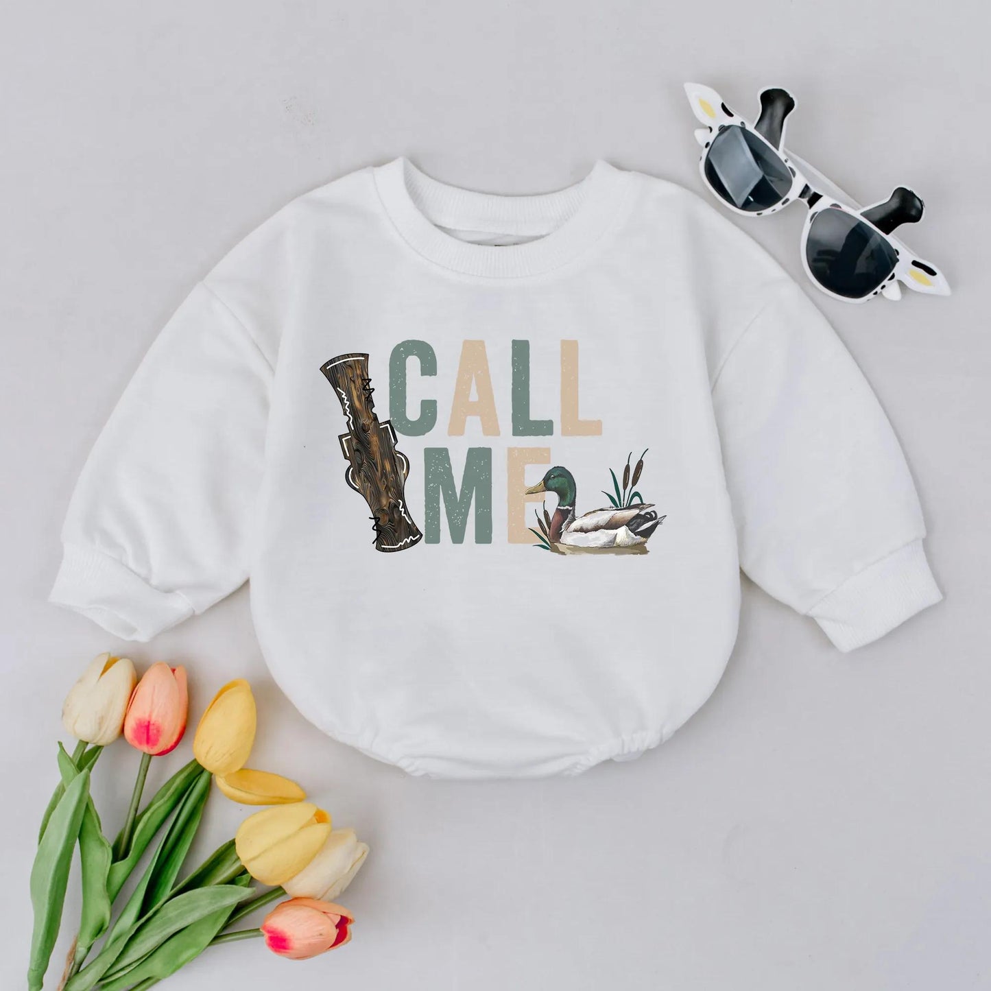 Rustic Call Me Duck Hunting Baby Boy Bubble Romper Outfit with Muted Green Beige Mallard Duck Call Design First Birthday Infant Apparel