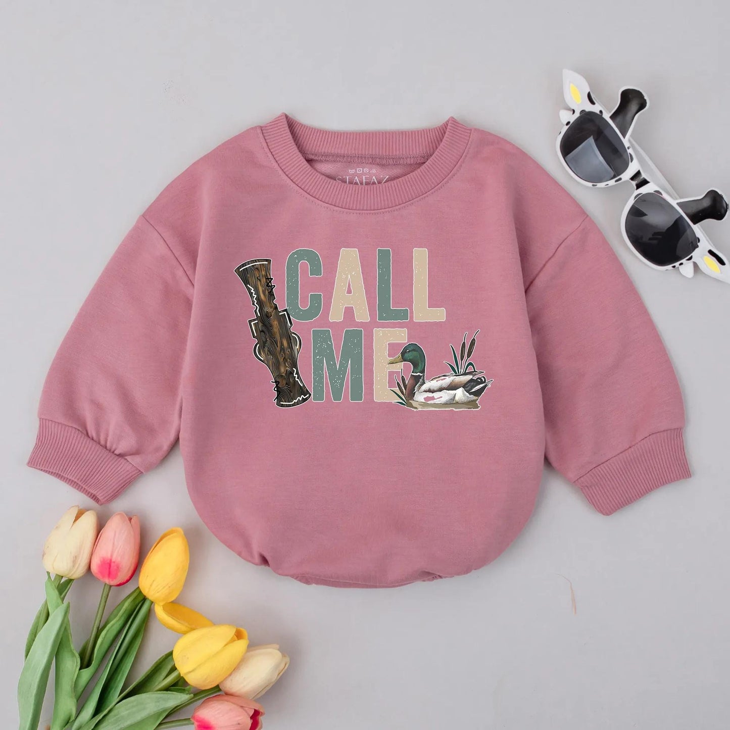 Rustic Call Me Duck Hunting Baby Boy Bubble Romper Outfit with Muted Green Beige Mallard Duck Call Design First Birthday Infant Apparel