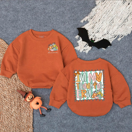 Custom Thankful Era Baby Romper Pastel Pumpkins Aurora Fall Baby Girl Outfit Toddler Thanksgiving Clothes Mint Striped Floral Design