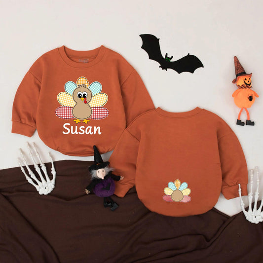 Susan Turkey Baby Romper First Thanksgiving Outfit Custom Name Bodysuit Cute Turkey Design Baby Girl Boy Thanksgiving Gift 135 chars