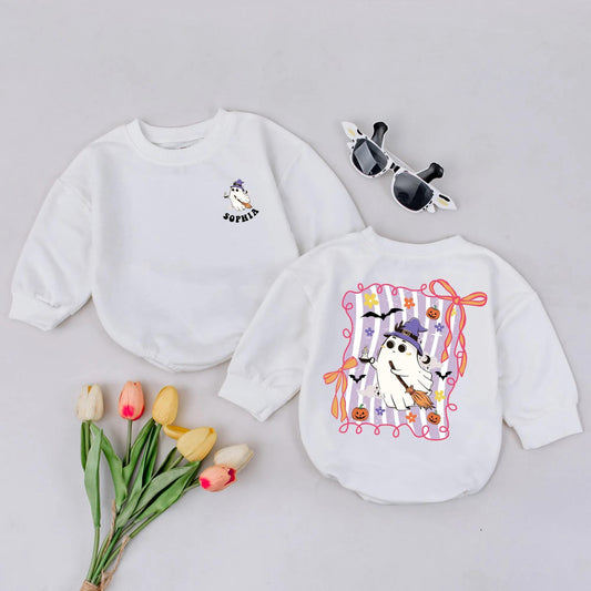 Personalized Witchy Ghost Romper: Sophia's 1st Halloween Outfit! Cute Custom Baby Bodysuit, Playful Spooky Season Gift, Infant Fall Clothes, Fun Witch Hat