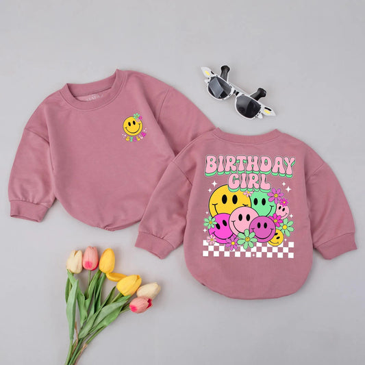 Personalized Smiley Face Birthday Romper Happy Face Custom Baby Girl Outfit Colorful Baby Shower Gift Stella Stella