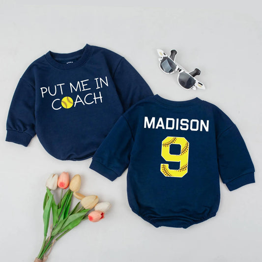 Custom 'Put Me in Coach' Romper with Softball Accent & 'Madison 9' Baseball Outfit Personalized Sports Baby Clothes