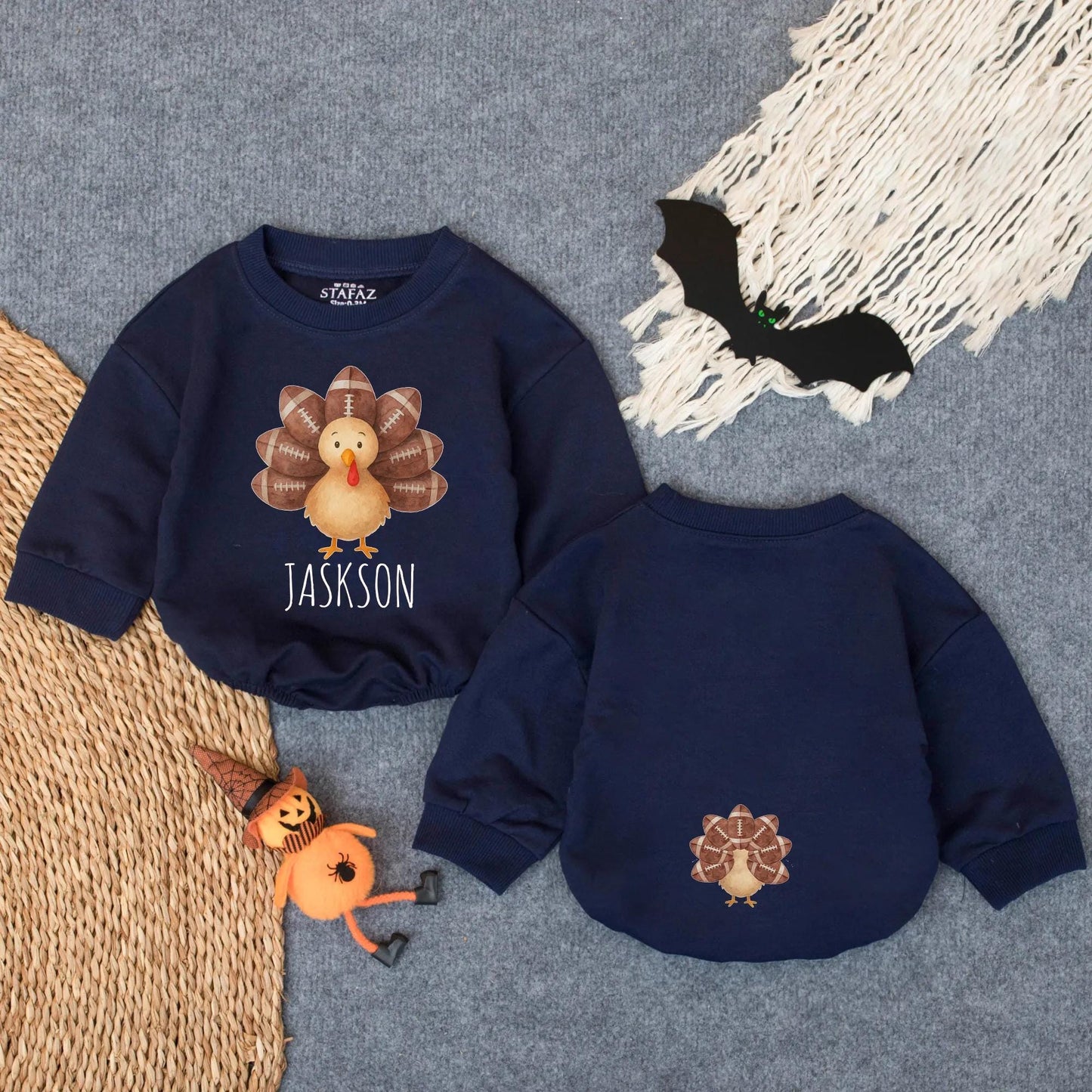 Personalized Little Turkey Romper, Custom "Jackson" First Thanksgiving Outfit, Baby Football Feather Bodysuit, Infant Autumn Clothes 1st Thanksgiving