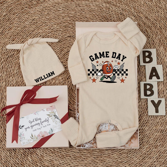 Game Day Football Baby Bodysuit - My First Season Outfit, Retro Cartoon Design with Lightning Bolts & Checkers, Personalized Newborn Clothes Gift, 138 Chars