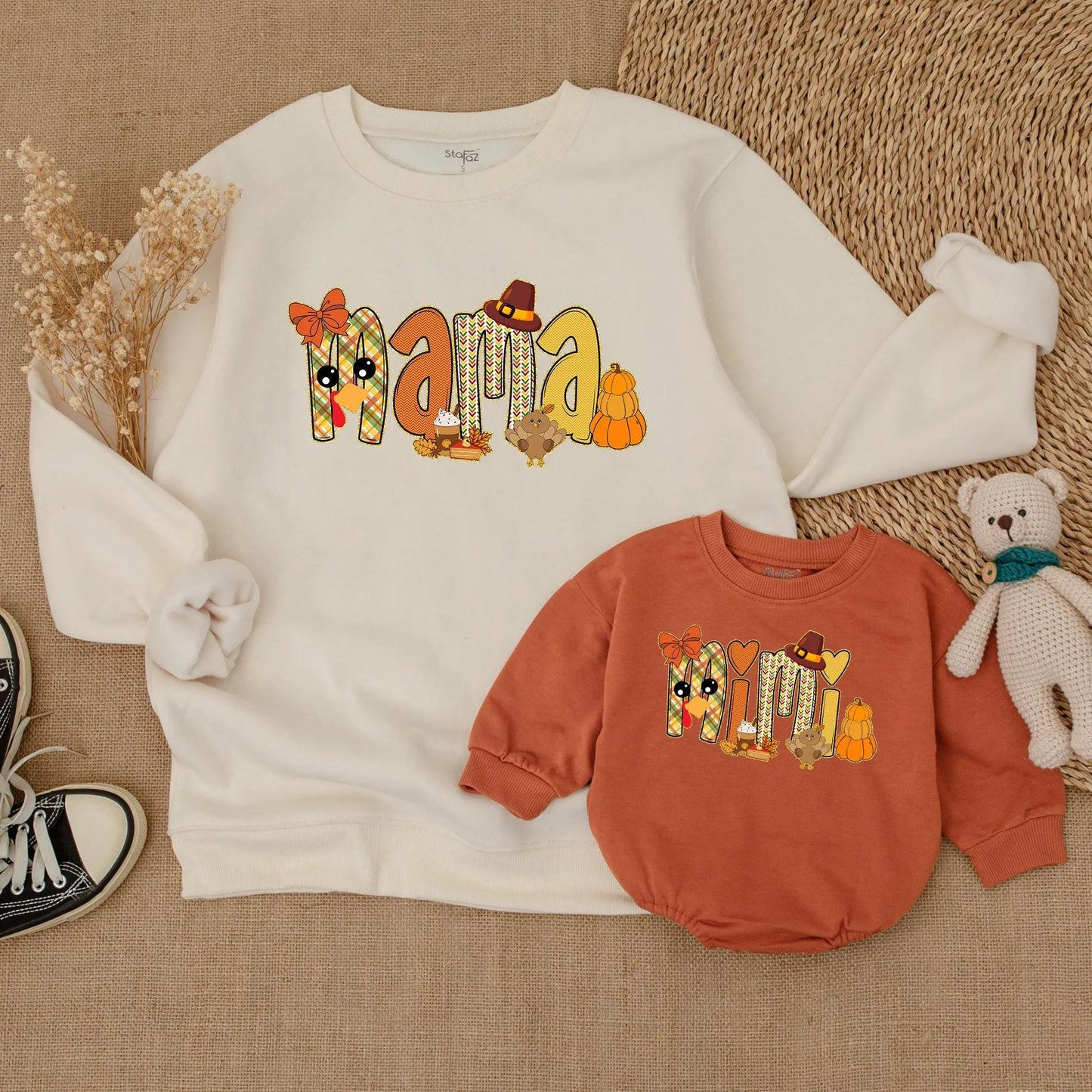 Adorable Mama and Mini Fall Sweatshirts with Playful Pumpkin Turkey Designs Warm Orange Red Colors Perfect for Thanksgiving Family Outings