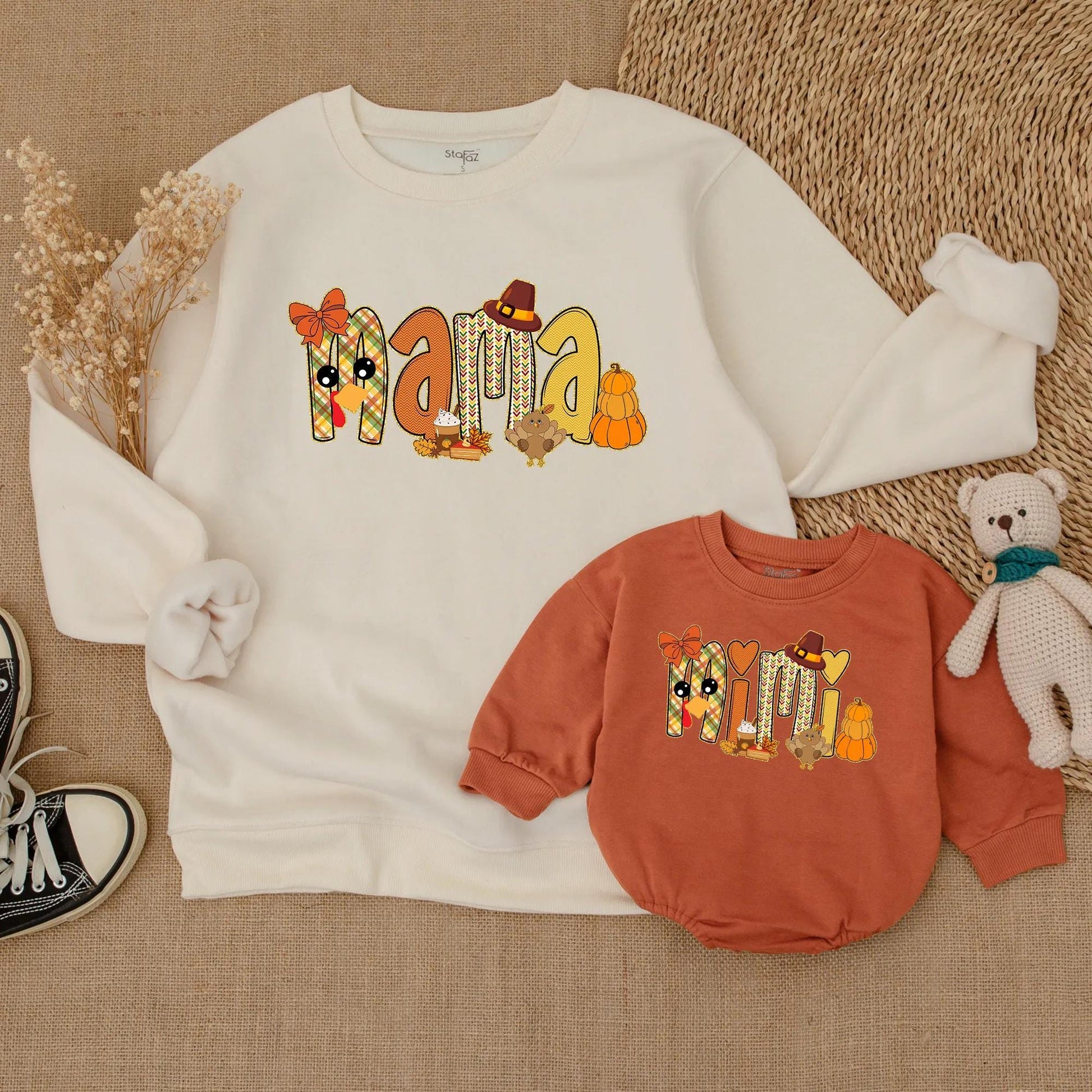 Adorable Mama and Mini Fall Sweatshirts with Playful Pumpkin Turkey Designs Warm Orange Red Colors Perfect for Thanksgiving Family Outings