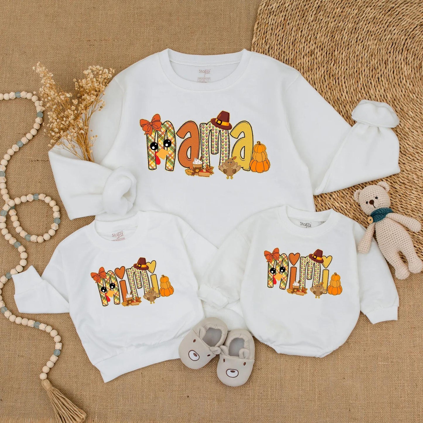 Adorable Mama and Mini Fall Sweatshirts with Playful Pumpkin Turkey Designs Warm Orange Red Colors Perfect for Thanksgiving Family Outings