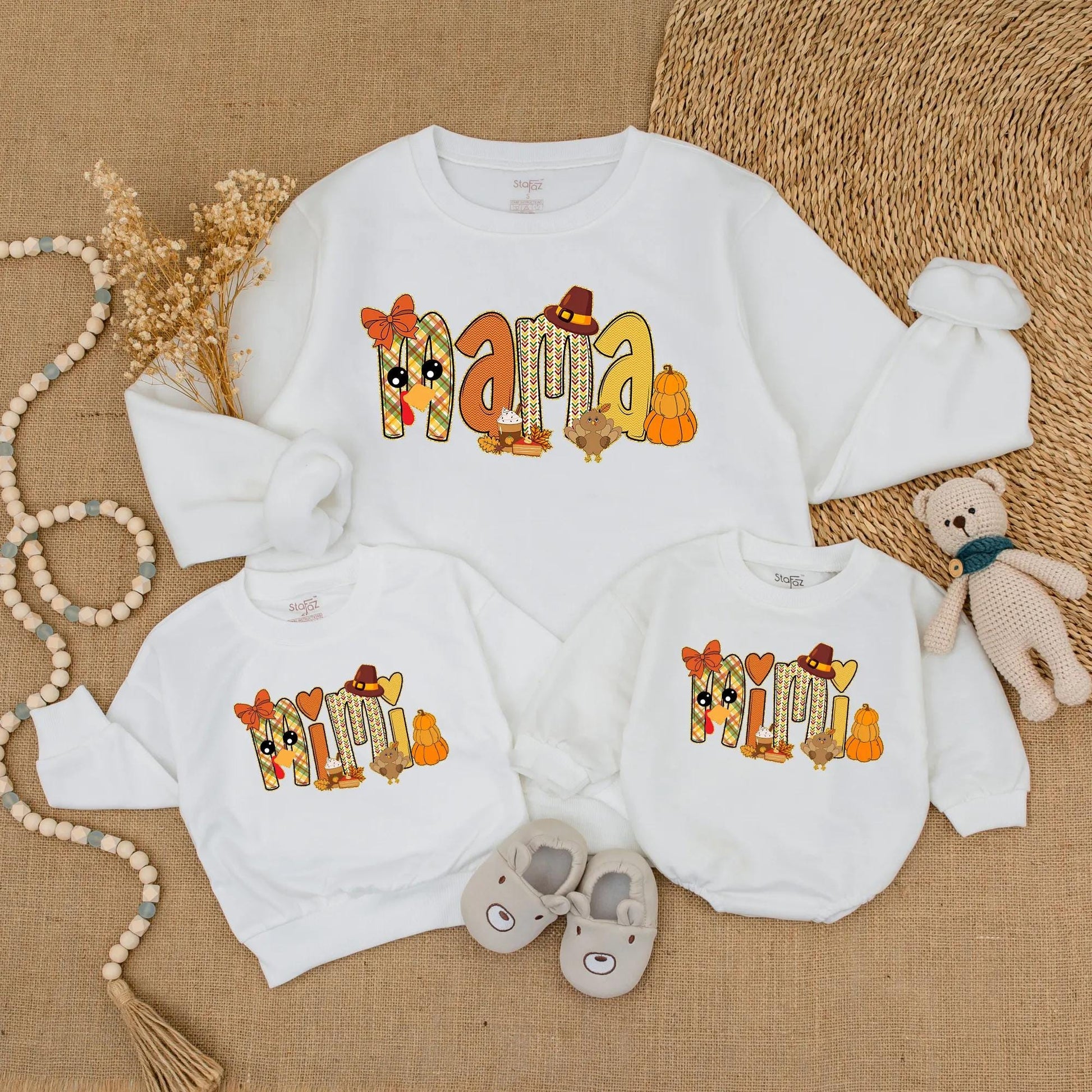 Adorable Mama and Mini Fall Sweatshirts with Playful Pumpkin Turkey Designs Warm Orange Red Colors Perfect for Thanksgiving Family Outings