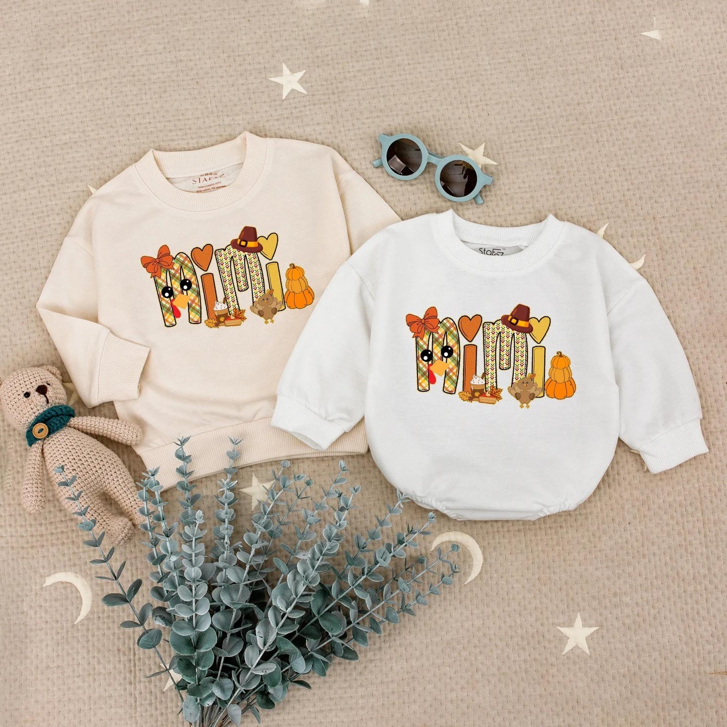 Adorable Mama and Mini Fall Sweatshirts with Playful Pumpkin Turkey Designs Warm Orange Red Colors Perfect for Thanksgiving Family Outings