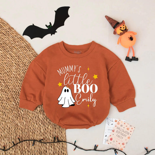 Personalized Mummy's Little Boo Halloween Romper for Baby Emily - Ghost Outfit with Orange & Black Design, Spooky Season Gift