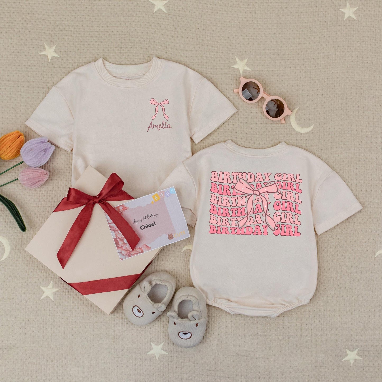 Personalized Pink Bow Birthday Girl Romper Custom Name 1st Birthday Outfit Baby Girl Bodysuit Cute Party Outfit