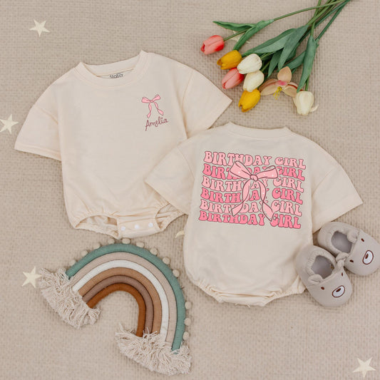 Personalized Pink Bow Birthday Girl Romper Custom Name 1st Birthday Outfit Baby Girl Bodysuit Cute Party Outfit