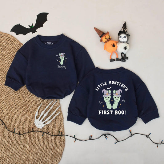 Little Monster's First Boo! Personalized Halloween Romper, Sammy's Custom Name Outfit, Witch Hat Footprints Infant Bodysuit, Cute Spooky Baby Gift 137