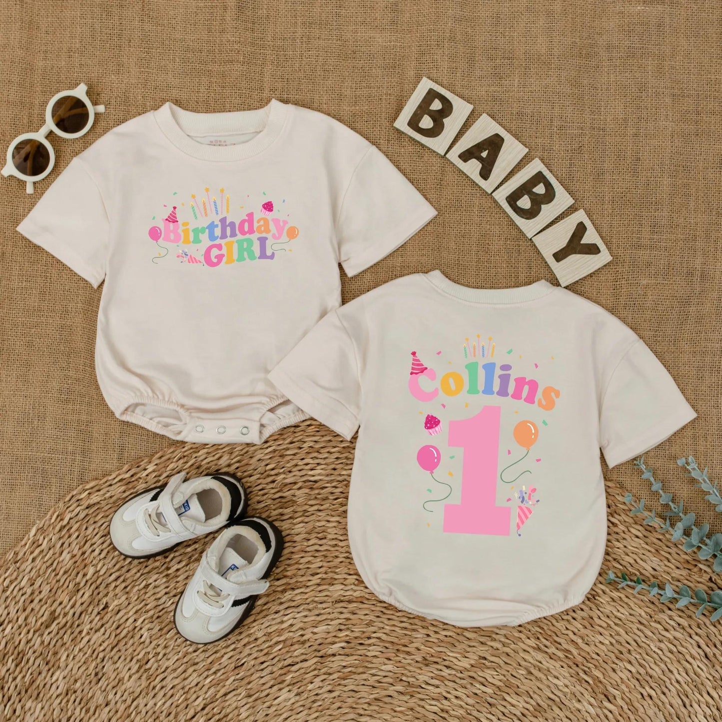 First Birthday Girl Romper Custom Name & Balloon Design, Baby Girl 1st Birthday Outfit, Bubble Romper, Cake Smash Photo Prop