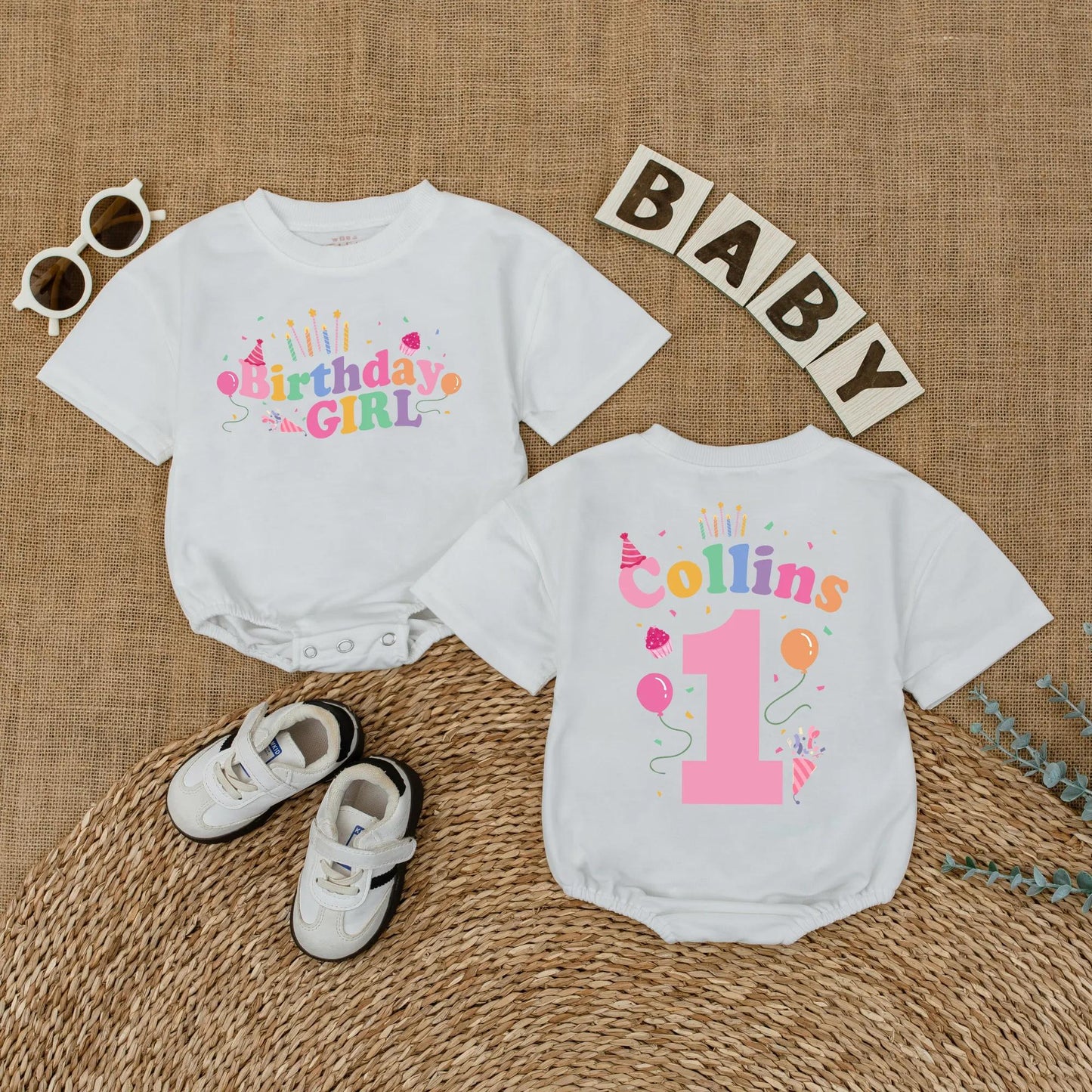 First Birthday Girl Romper Custom Name & Balloon Design, Baby Girl 1st Birthday Outfit, Bubble Romper, Cake Smash Photo Prop