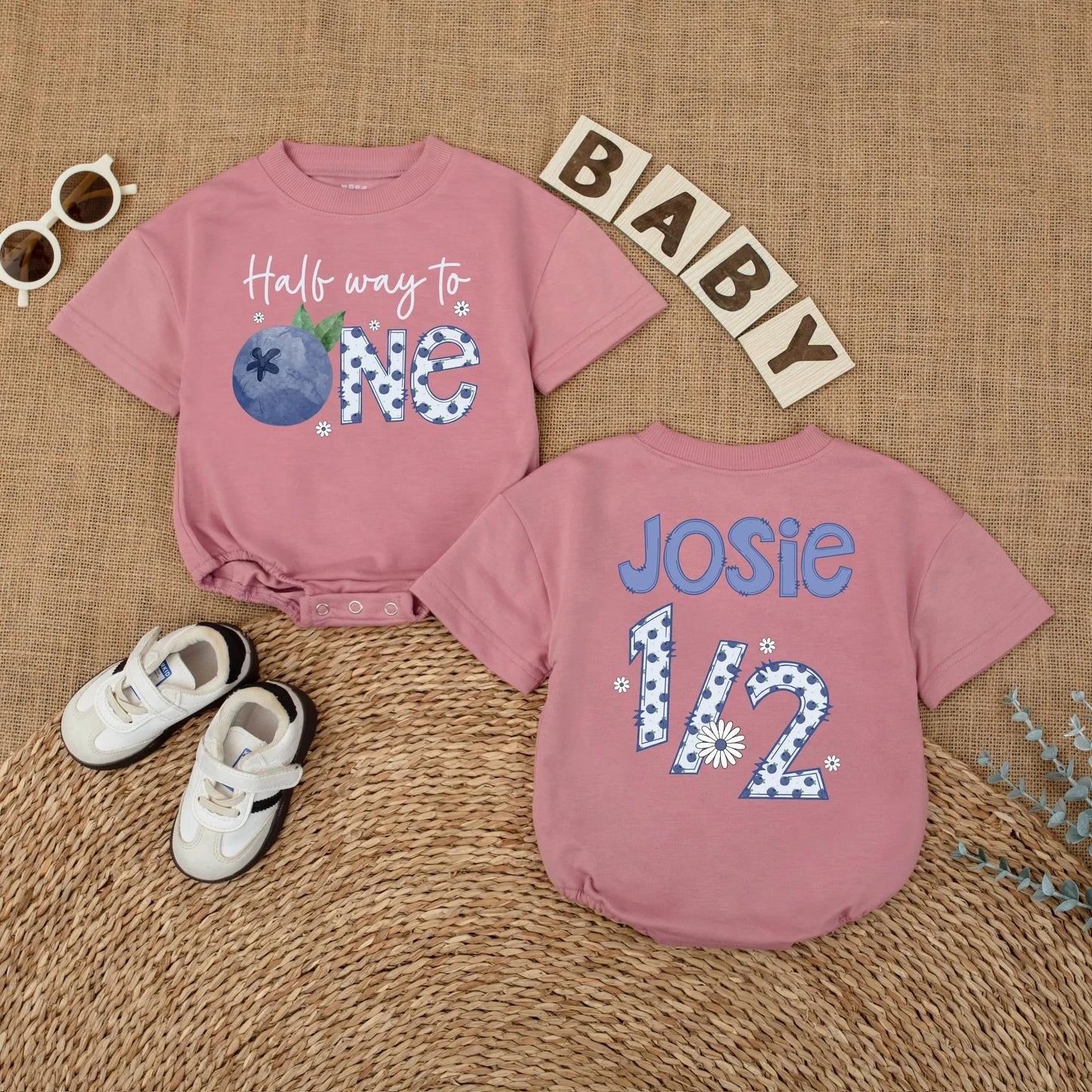 Personalized Blueberry Baby Girl Romper Half Birthday Outfit 6 Months Old Short Sleeve Bubble Bodysuit Half Year Celebration Unique Gift