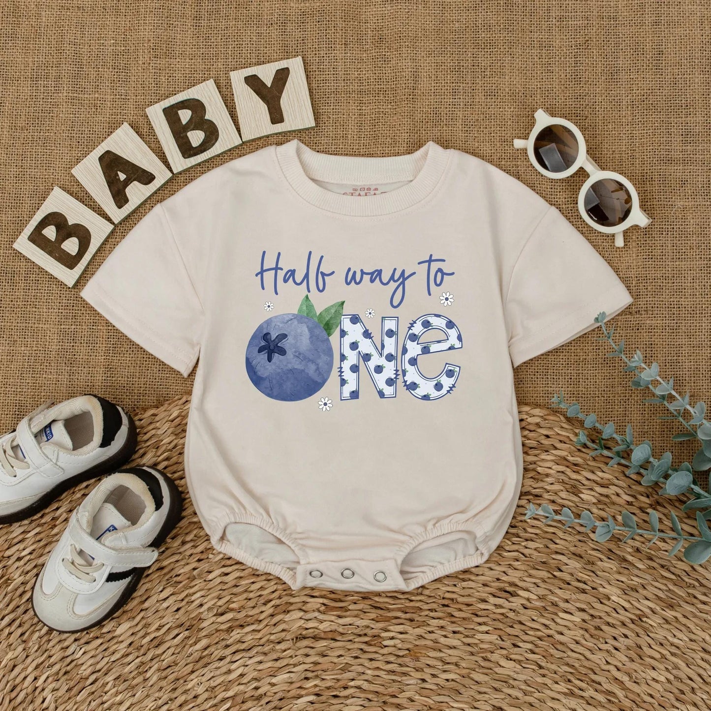 Personalized Blueberry Baby Girl Romper Half Birthday Outfit 6 Months Old Short Sleeve Bubble Bodysuit Half Year Celebration Unique Gift