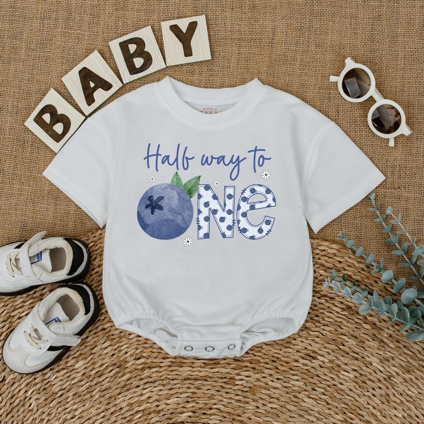 Personalized Blueberry Baby Girl Romper Half Birthday Outfit 6 Months Old Short Sleeve Bubble Bodysuit Half Year Celebration Unique Gift