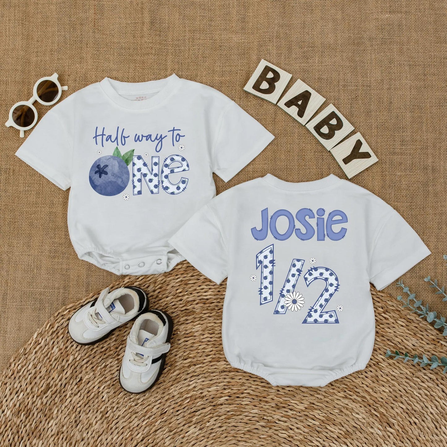Personalized Blueberry Baby Girl Romper Half Birthday Outfit 6 Months Old Short Sleeve Bubble Bodysuit Half Year Celebration Unique Gift