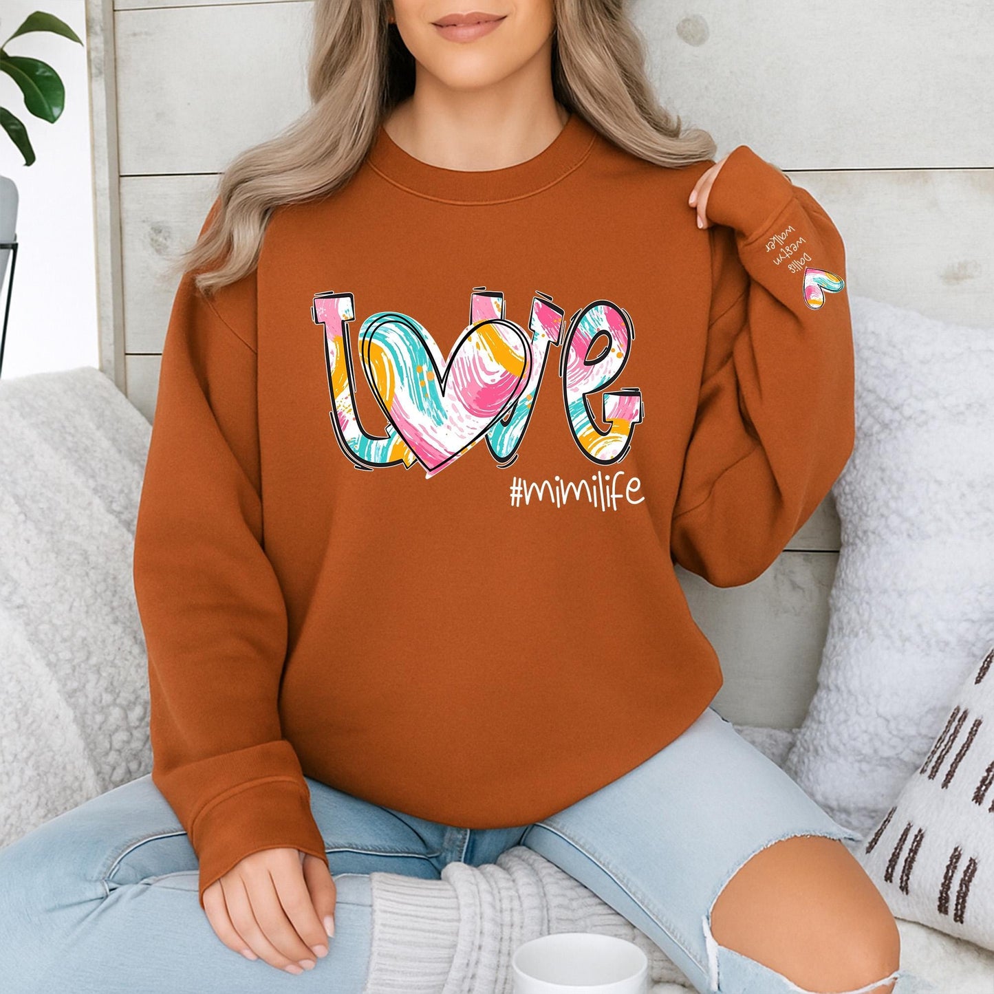Personalized Mimi Sweatshirt with Grandkids Names on Sleeve, a cozy Mimilife Autumn Sweater Gift for Grandmas and Nanas