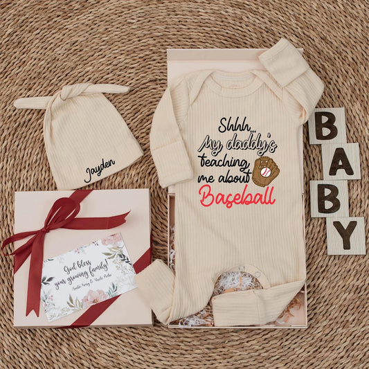 Shhh...My Daddy's Teaching Me Baseball Bodysuit Funny Baby Outfit Custom Newborn Romper Baseball with Daddy Sports Baby Boy Gift