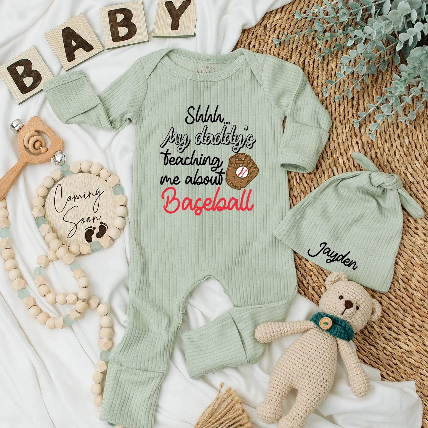 Shhh...My Daddy's Teaching Me Baseball Bodysuit Funny Baby Outfit Custom Newborn Romper Baseball with Daddy Sports Baby Boy Gift