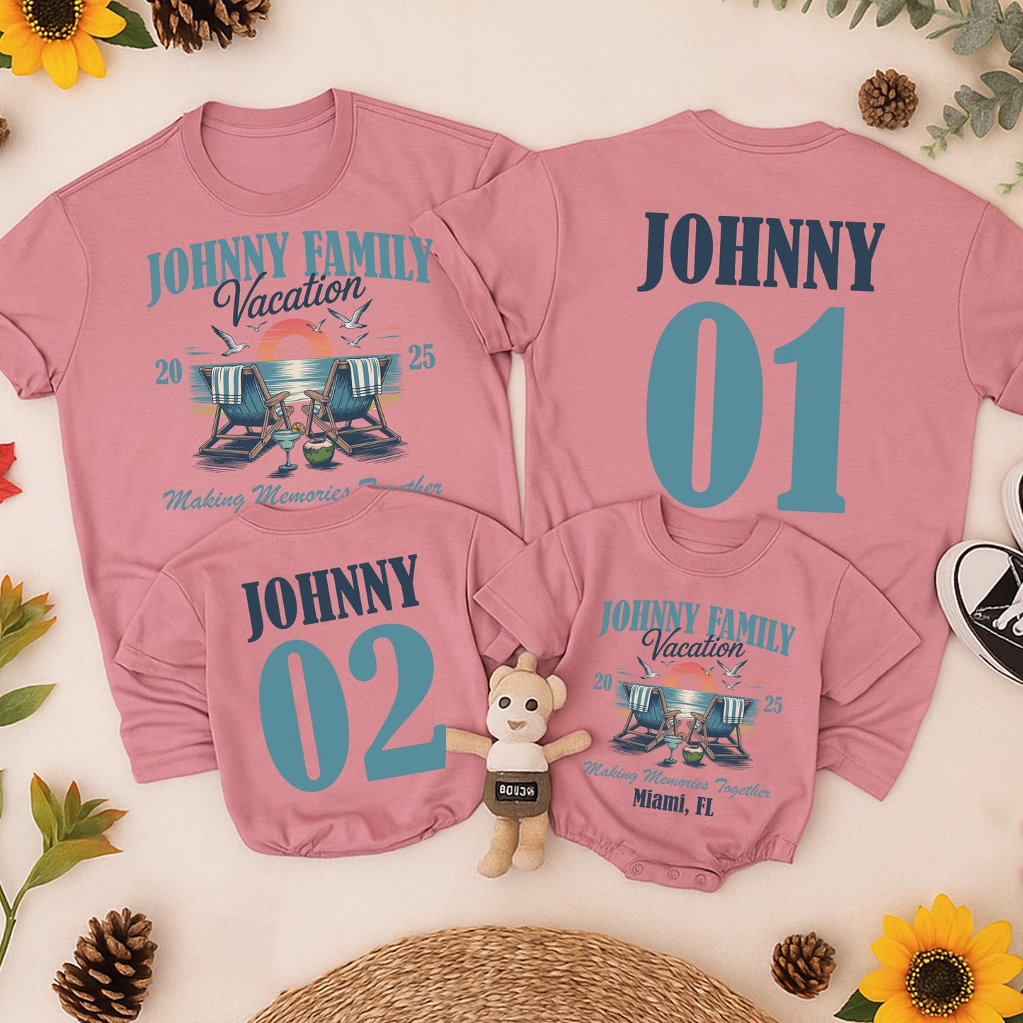 Personalized Johnny Family Vacation 2025 Beach Trip Shirts Making Memories Together Miami FL Retro Sunset Matching Family Tees