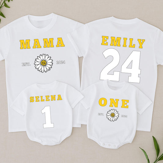 Matching Mama and Me Daisy Shirts, Personalized Mom and Baby Outfit with Year, Modern Yellow Block Lettering Family Tees, Mother's Day Gift Set, Soft Cotton (139 chars)