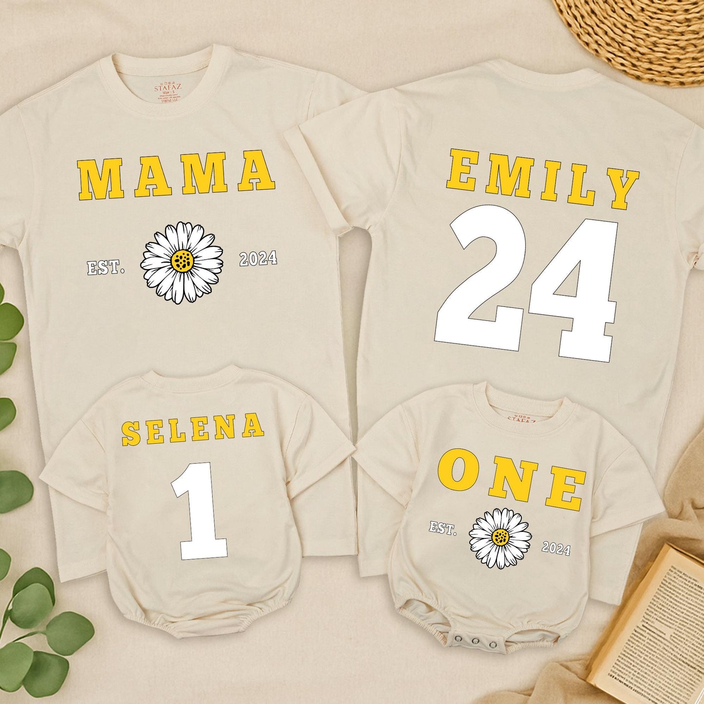 Matching Mama and Me Daisy Shirts, Personalized Mom and Baby Outfit with Year, Modern Yellow Block Lettering Family Tees, Mother's Day Gift Set, Soft Cotton (139 chars)
