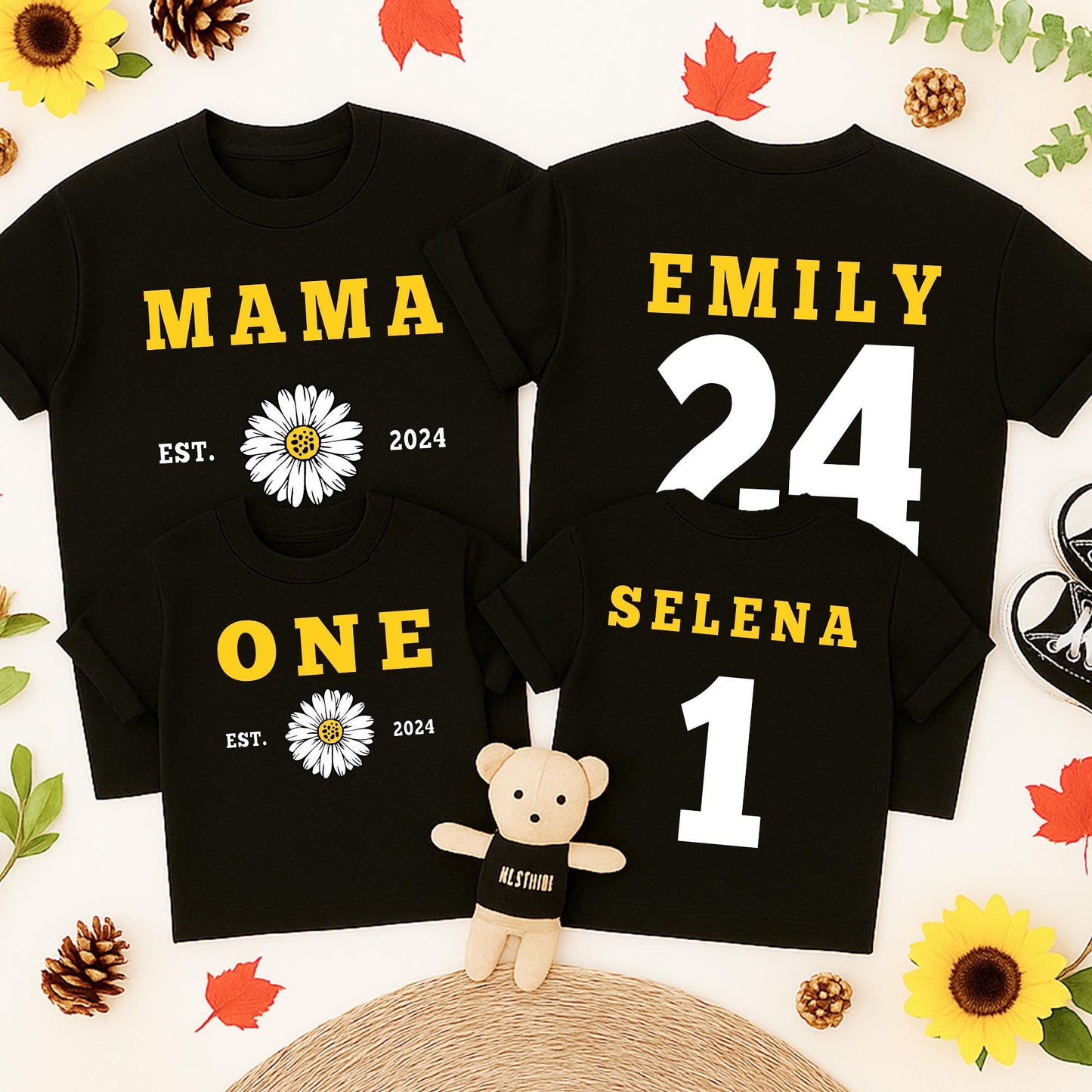 Matching Mama and Me Daisy Shirts, Personalized Mom and Baby Outfit with Year, Modern Yellow Block Lettering Family Tees, Mother's Day Gift Set, Soft Cotton (139 chars)