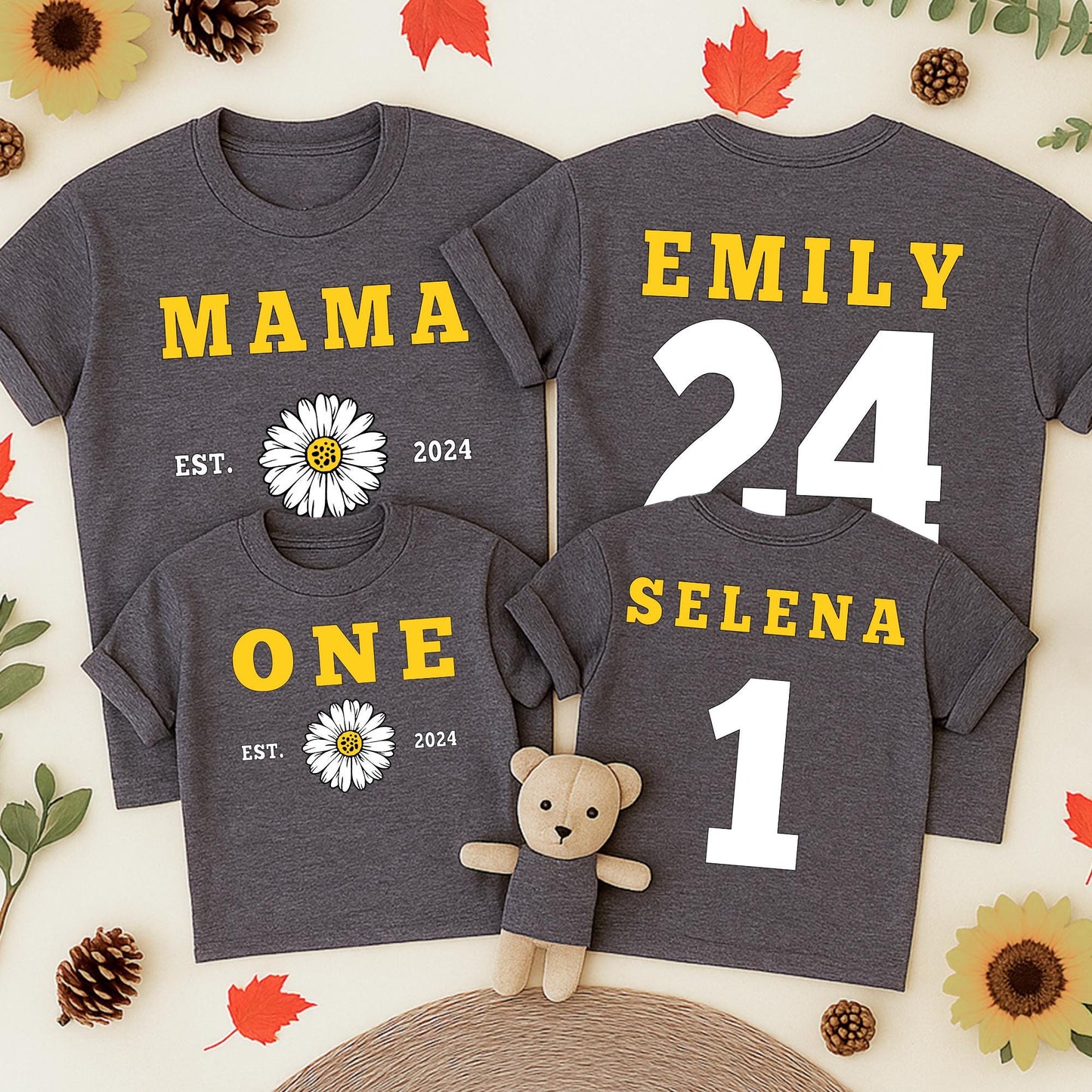 Matching Mama and Me Daisy Shirts, Personalized Mom and Baby Outfit with Year, Modern Yellow Block Lettering Family Tees, Mother's Day Gift Set, Soft Cotton (139 chars)
