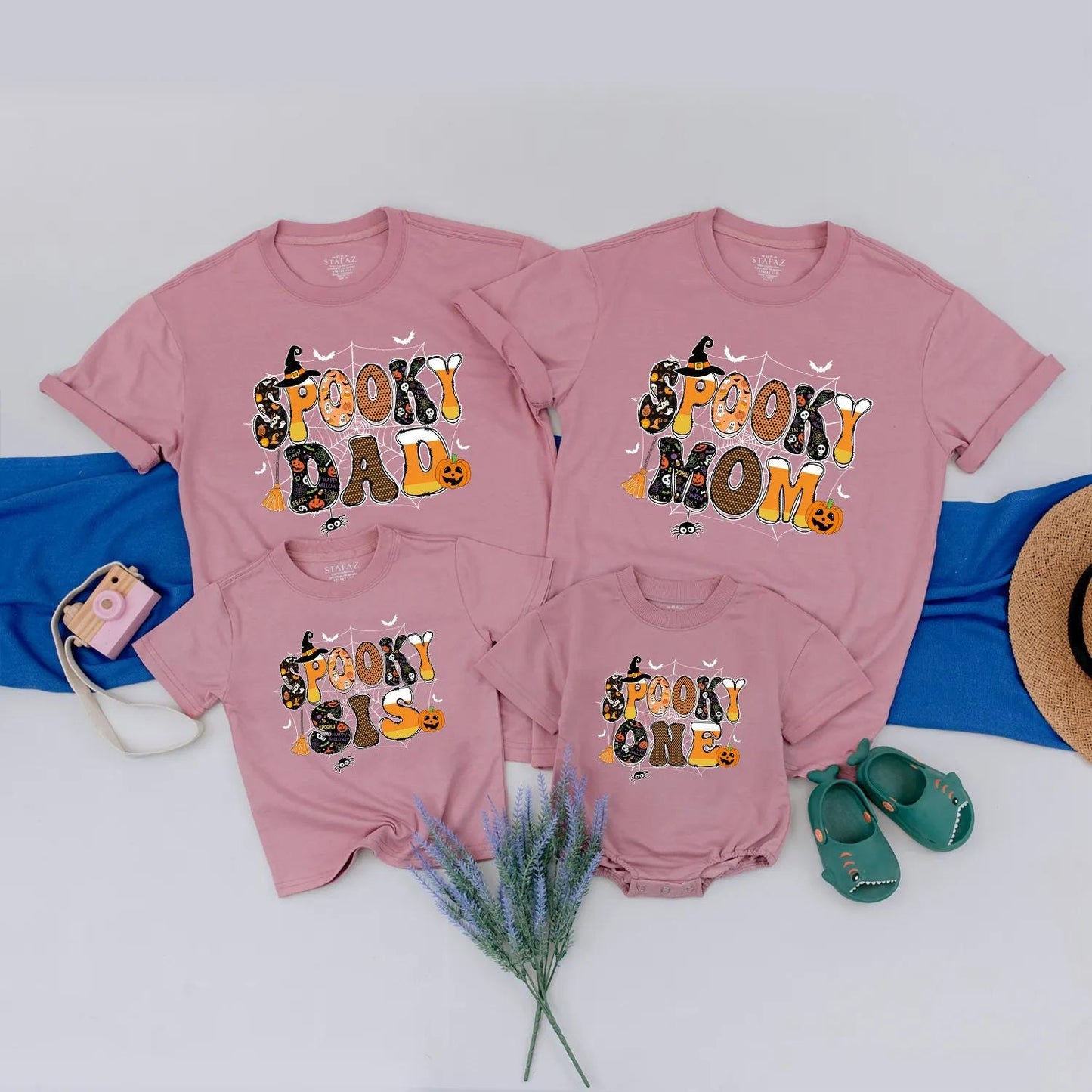 Spooky One Halloween Birthday Matching Family Shirts, Retro 1st Birthday Spooky Vibes Outfit, Dad, Mom, Sis, Black Orange Bats Pumpkins Spider Webs (138 chars)