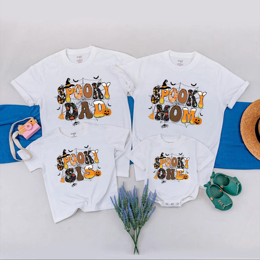 Spooky One Halloween Birthday Matching Family Shirts, Retro 1st Birthday Spooky Vibes Outfit, Dad, Mom, Sis, Black Orange Bats Pumpkins Spider Webs (138 chars)