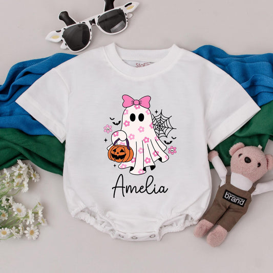 Personalized Baby Girl Halloween Romper Cute Ghost with Pink Bow & Flowers Jack-o-Lantern Spooky Season Name Outfit Newborn Shower Gift