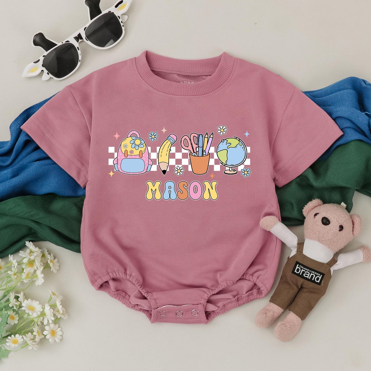 Personalized Name Back To School Romper Whimsical Checkered Icons First Day Kindergarten Outfit Toddler Infant Bodysuit Cheerful Yellow Orange Retro Design