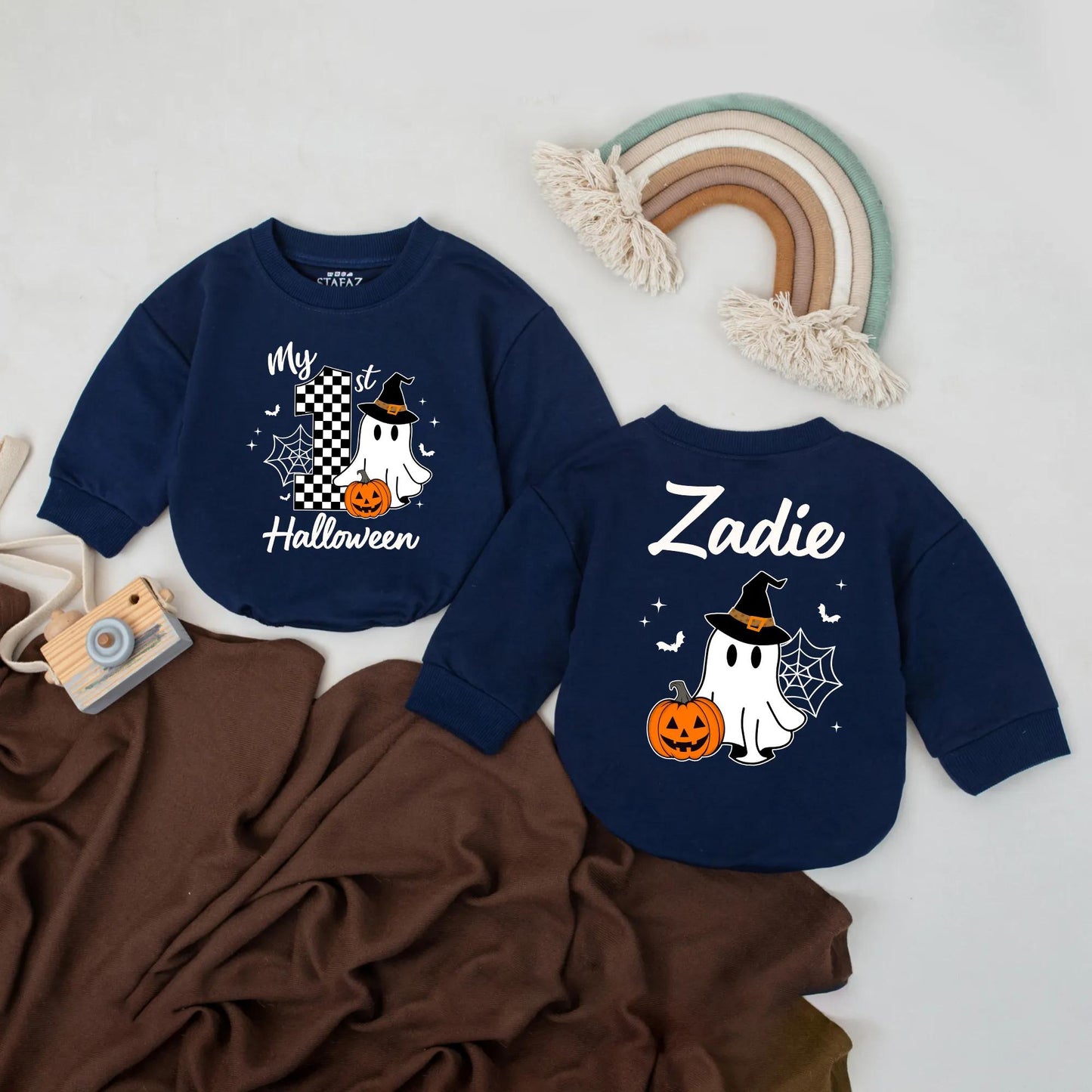 Personalized My First Halloween Baby Romper Ghost Pumpkin Witch Hat Design Fall Infant Bodysuit Spooky Bats Spider Web Outfit Girls Boys Shower Gift