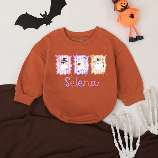Selena's Spooky Cute Ghost Romper: Custom Pastel Halloween Outfit for Baby Girl, Retro Infant Bodysuit with Witch Hat, Pumpkin, & Wizard's Wand Design (139)