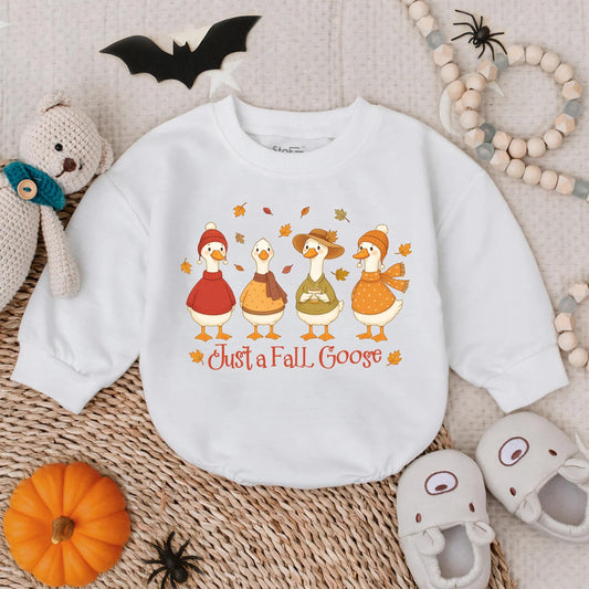 Just a Fall Goose Bubble Romper for Baby Girl, Autumn Outfit, Thanksgiving Toddler Clothes, Cute Seasonal Farm Design