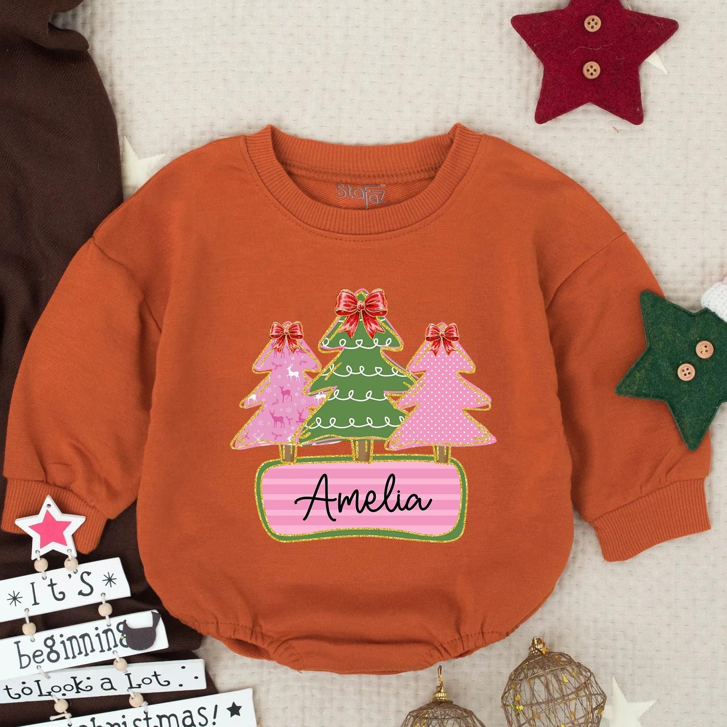 Amelia's Custom Christmas Trees Bubble Romper Baby Toddler Girl Holiday Outfit Red Bow Gold Glitter