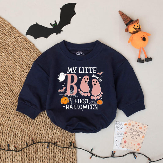 Personalized My Little Boo Baby Romper First Halloween Outfit featuring a cute Ghost Bodysuit perfect for celebrating their very first spooky season as a memorable gift.